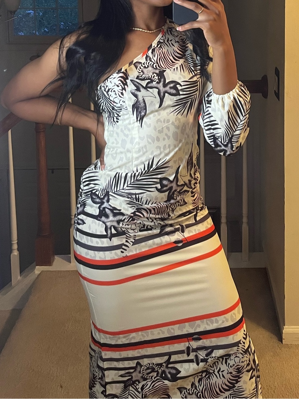 One-Shoulder Tropical Print Maxi Dress in Cream, Black & Red